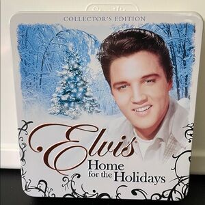 Elvis Blue and White Holiday Collector's Tin with memorabilia